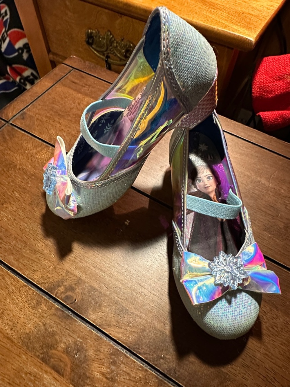 Girls Iridescent Light Blue Dress Shoes with Bow and Jewel Accent